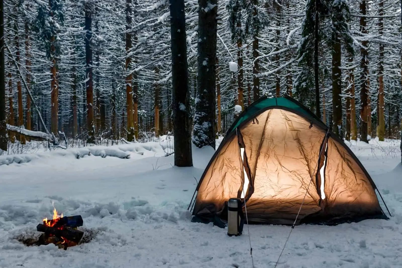 Winter forest with tent and small campfire.