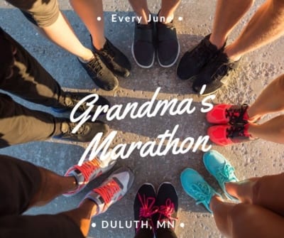 Several people's shoes. Text: Every June, Grandmas Marathon, Duluth, MN.