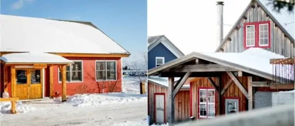 Two images: North House Folk School exteriors in winter.